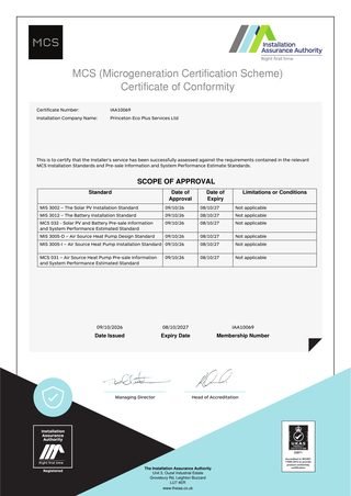 MCS Certificate of Conformity for Princeton Eco Plus Services Ltd, certificate number IAA10069